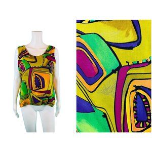 Vintage 90s Rayon Top Women's Large Sleeveless Funky Colorful Artistic Shell